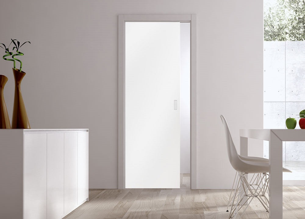 Classic Glass Pocket Door System Coloured SATIN WHITE