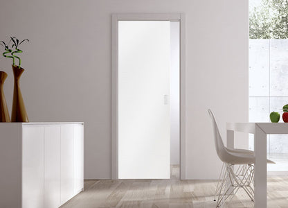 Classic Glass Pocket Door System Coloured SATIN WHITE