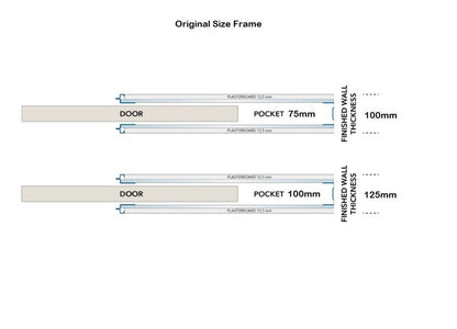 The Classic Double Pocket Door frame can be built to a 75mm or 100mm  thickness. When you add 12.5mm plasterboard each side it brings the finished wall thickness to 100mm and 125mm respectively. 