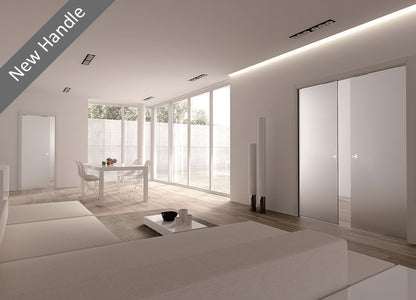 Classic 8mm double Glass Pocket Door System with 58 mm round satin stainless steel flush pull handl