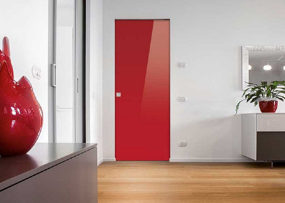 Syntesis® Flush Glass Pocket Door System Coloured RED (RAL 3003)